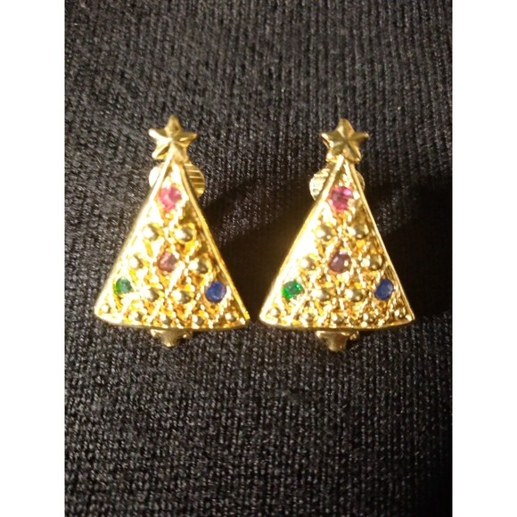 Vintage Gold Tone Rhinestones Christmas Tree Clip On Earrings Star on Top - Picture 1 of 7